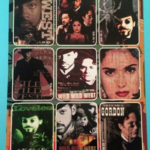 May include: Nine colorful stickers featuring characters from the Wild Wild West movie. The stickers feature Will Smith, Kevin Kline, and Salma Hayek. The text on the stickers includes "Wild Wild West", "James West", "Artemus Gordon", and "Doctor Loveless".