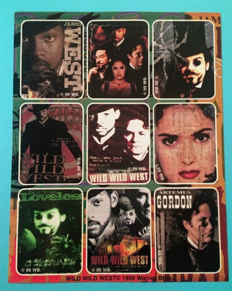 May include: Nine colorful stickers featuring characters from the Wild Wild West movie. The stickers feature Will Smith, Kevin Kline, and Salma Hayek. The text on the stickers includes "Wild Wild West", "James West", "Artemus Gordon", and "Doctor Loveless".