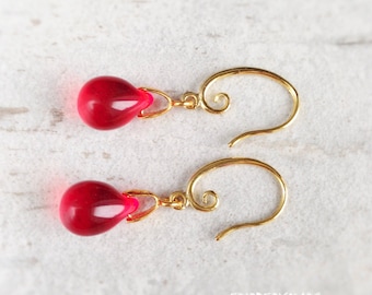 Red Dangle Earrings Bright Red Tear Drop Teardrop Glass Raindrop Earrings Gold Silver