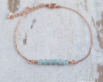 Aquamarine Bracelet Valentine’s Day Gift March Birthstone Birthday Dainty Thin Blue Crystal Skinny Bracelet Rose Gold for Women