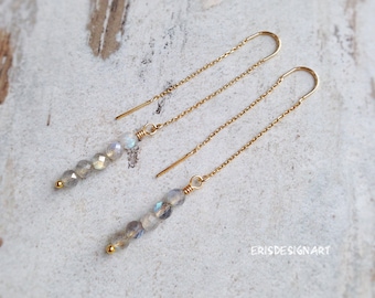 Labradorite Earrings Long Chain Thread Threader Gold Labradorite Threaded Jewelry Earrings Dangle 14k Rose Gold Silver