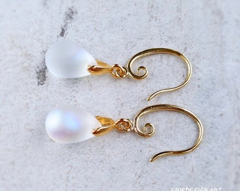 Frosted White Dangle Earrings Matte White Clear Glass Dangle Drop Mermaid Tears Earrings Gold Silver