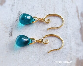 Teal Dangle Earrings, Glass Drop Teardrop Earrings in Peacock Blue with Gold/Silver Hooks, Elegant Gift