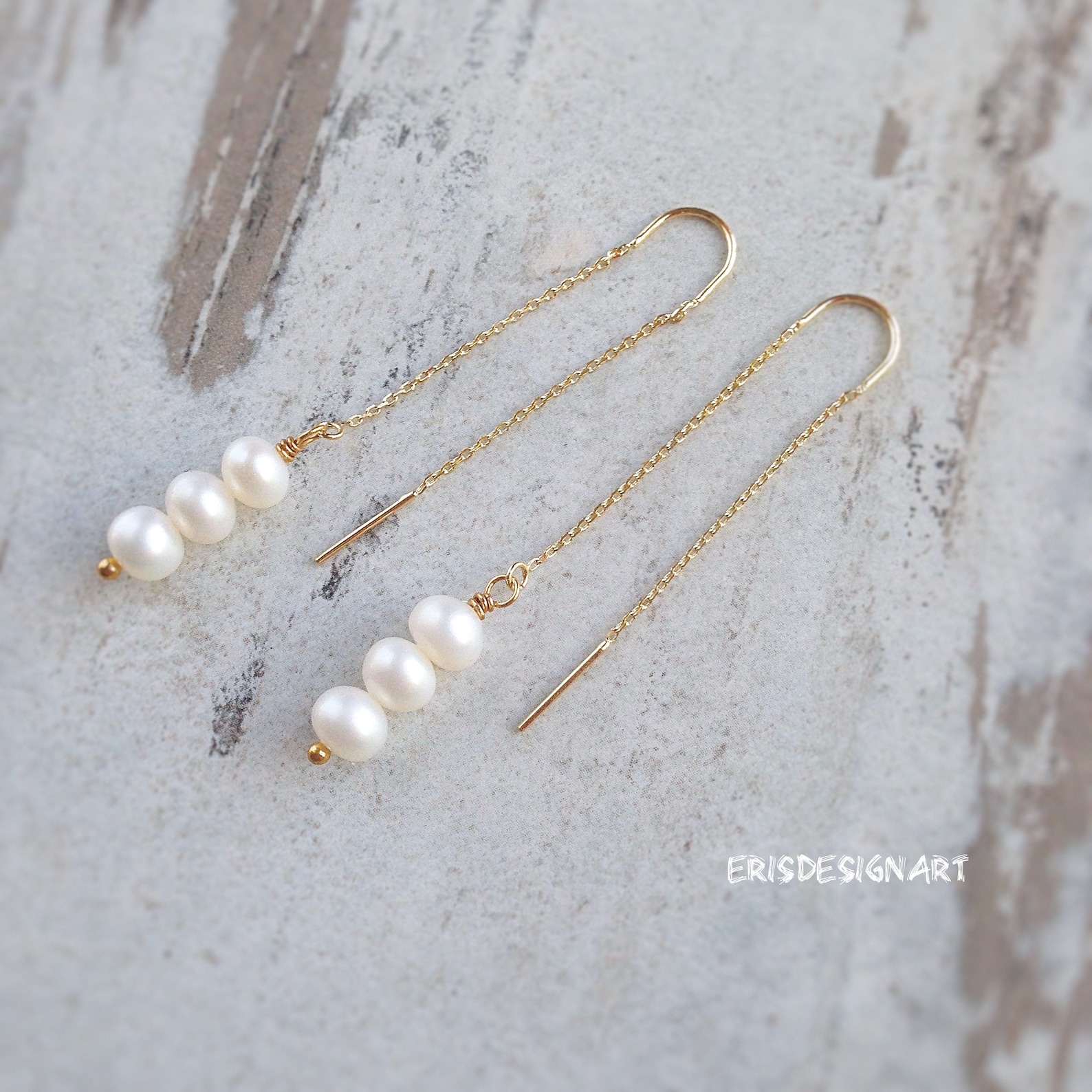 Pearl Thread Earrings Gold Dangle Freshwater Threader Long Etsy