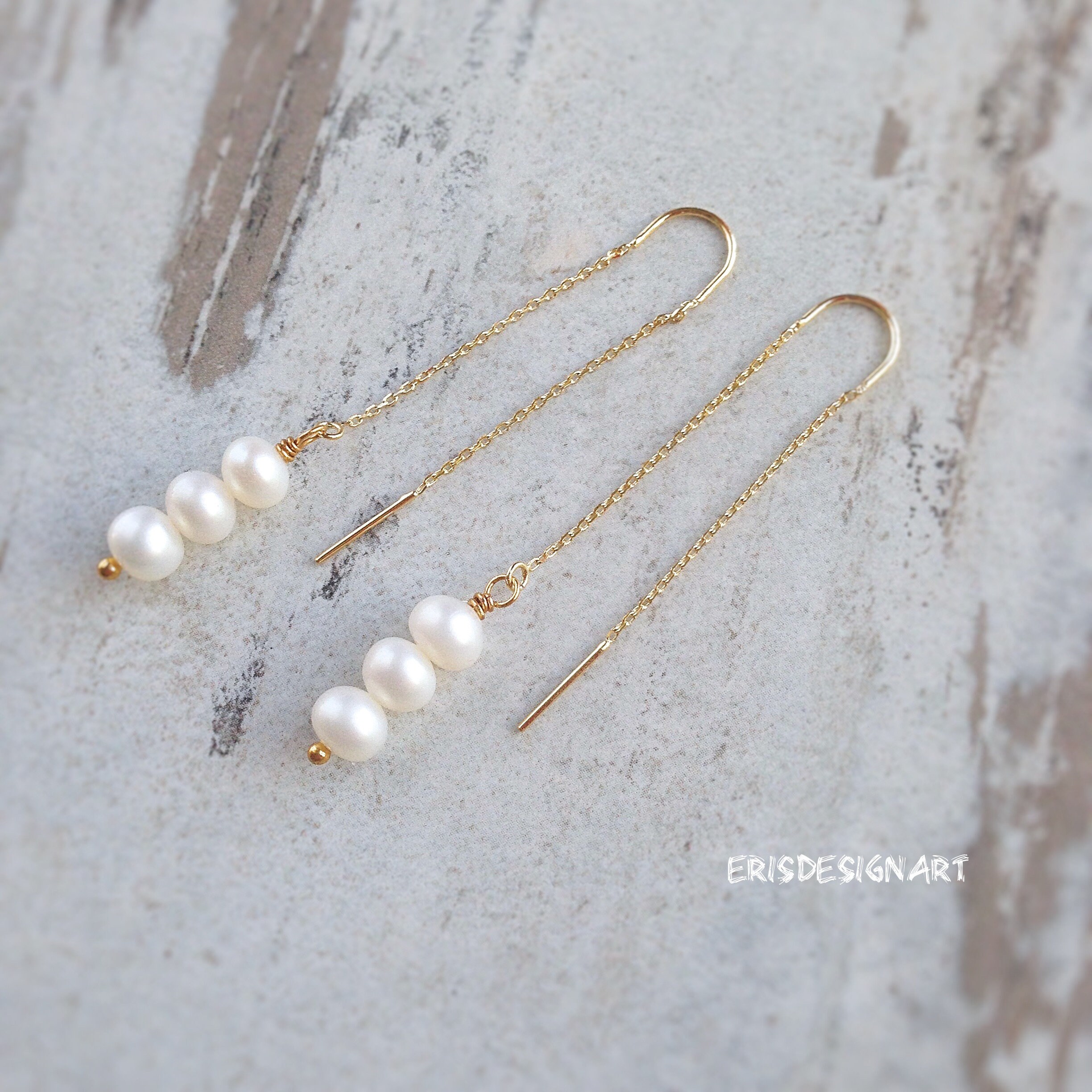 Pearl Thread Earrings Gold Dangle Freshwater Threader Long Etsy
