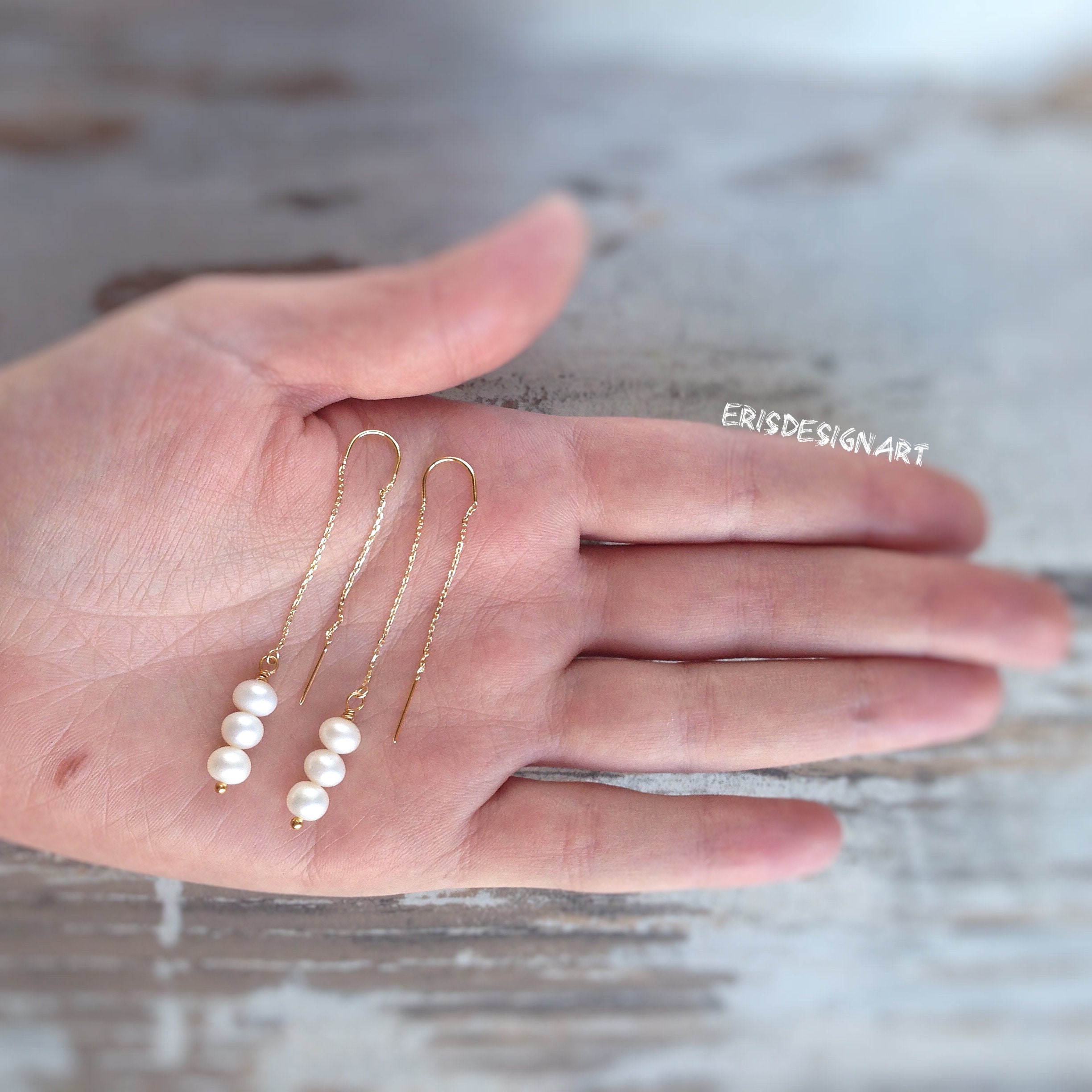 Pearl Thread Earrings Gold Dangle Freshwater Threader Long Etsy