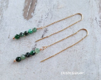 Raw Emerald Earrings May Birthstone Gold Threader Dangle Drop Earrings Anniversary Gift for Her