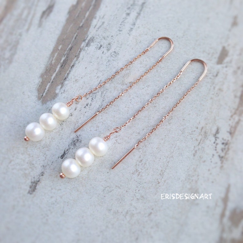 Pearl thread earrings gold dangle freshwater threader long Etsy