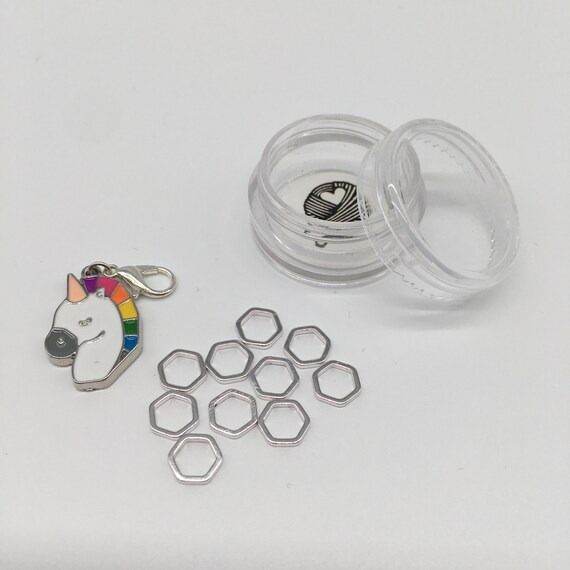 Unicorn progress keeper plus 10 Luxe small hexagon stitch markers - silver