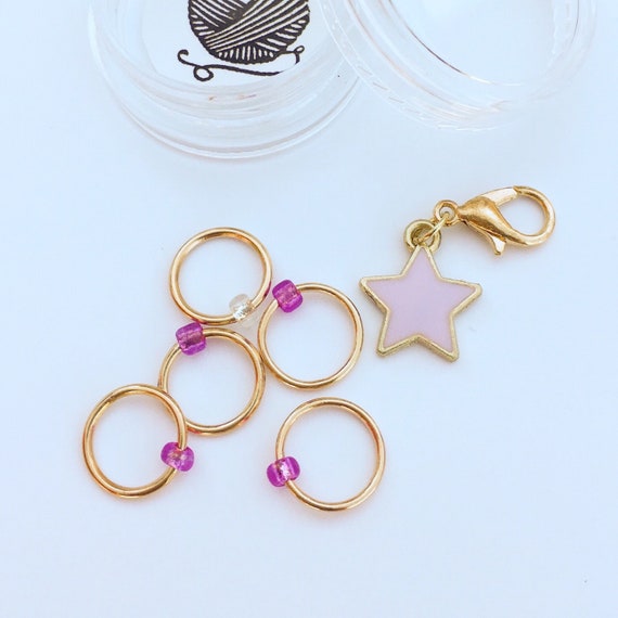 Purple star progress keeper and matching stitch markers - set of 6