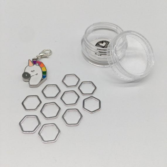 Unicorn progress keeper plus 10 Luxe large hexagon stitch markers - silver