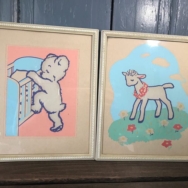 Vintage Art - Magic Picture - Glow In The Dark - Baby Decor - Bear - Lamb