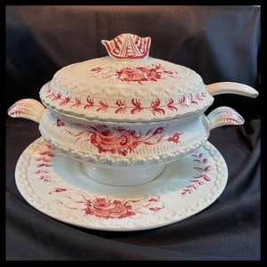 Italian Red and White Floral Soup Tureen and Underplate
