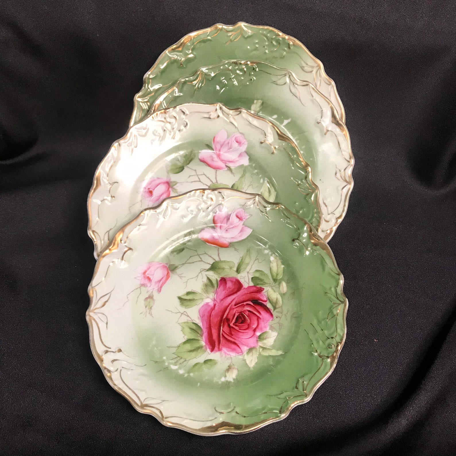 Four Ornate Salad Plates Green Gold Pink Flowers Etsy