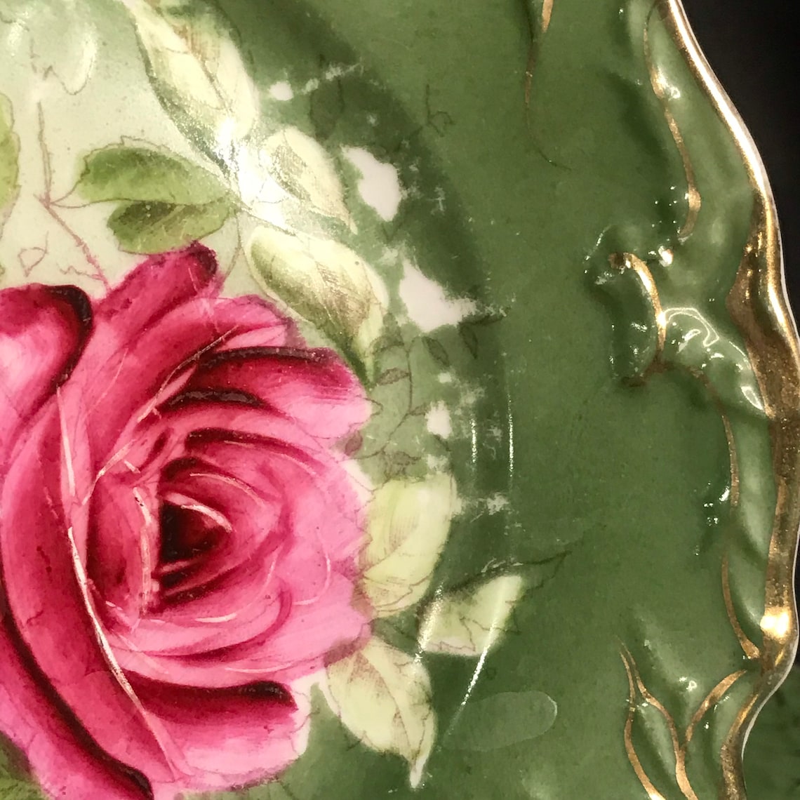 Four Ornate Salad Plates Green Gold Pink Flowers | Etsy