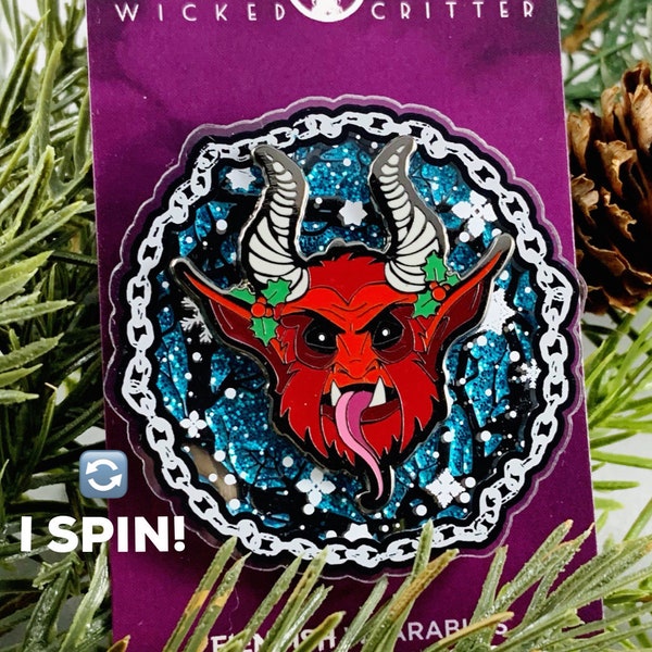 Krampus Spinning Snow Flurry Enamel Pin! Creepy Christmas Hard Enamel Pins