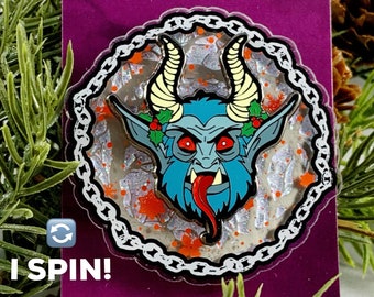 Krampus Spinning Snow Flurry Lapel Pin! Creepy Christmas Hard Enamel Pins