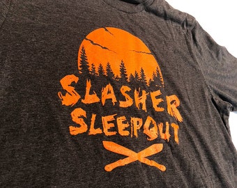 Slasher Sleepout T-Shirt from Horror Movie Ruin Me - Indie Cult Film, Horror cosplay, horror gift, Crystal Lake, Sizes up to 4X