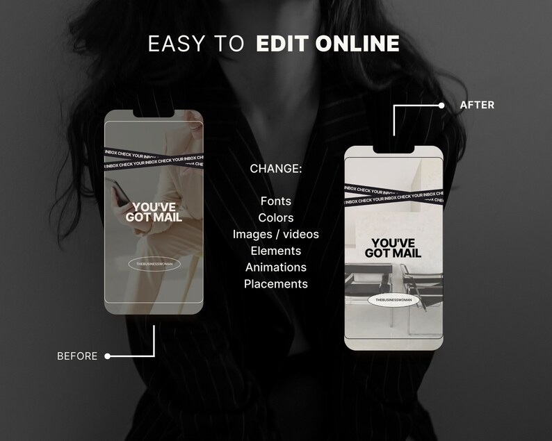 May include: Before and after images of a mobile phone screen displaying a graphic design with the text "You've Got Mail". The design is edited to change the font, colors, and placement of the text.