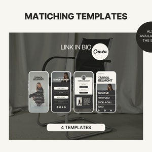 May include: Four mobile phone screen mockups with a black and white design. The mockups feature a woman's photo, text, and buttons. The text includes "Arrol Belmont", "About Me", "Portfolio", "Book a Call", and "Blog". The mockups are displayed on a gray background with a black metal chair.