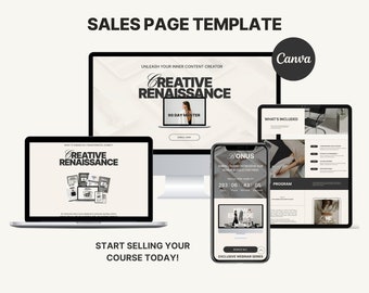 Op de afbeelding: Een mockup van een verkooppagina-sjabloon voor een online cursus genaamd "Creatieve Renaissance: 90-daagse Master". De sjabloon toont een laptop, tablet en telefoon met een zwart-wit kleurenschema. De tekst "ONTKETEN UW INNERLIJKE INHOUDSSCHEPPER" wordt weergegeven op het laptopscherm. De tekst "Creatieve Renaissance" wordt weergegeven in een groot lettertype op het laptopscherm. De tekst "90-daagse Master" wordt weergegeven in een kleiner lettertype op het laptopscherm. De tekst "BONUS" wordt weergegeven op het telefoonscherm. De tekst "SCHRIJF JE VANDAAG IN OM ONS GRATIS BONUSPAKKET TE ONTVANGEN" wordt weergegeven op het telefoonscherm. De tekst "293:06:43:05" wordt weergegeven op het telefoonscherm. De tekst "WAT IS INBEGREPEN" wordt weergegeven op het tabletscherm. De tekst "PROGRAMMA" wordt weergegeven op het tabletscherm. De tekst "BEGIN NU MET HET VERKOPEN VAN UW CURSUS!" wordt weergegeven onder de apparaten.