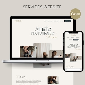 Può includere: Un sito web per Amalia Photography Services. Il sito web è progettato in uno stile minimalista con uno sfondo bianco e testo nero. Il sito web presenta un'intestazione con il nome dell'azienda e una barra di navigazione con link alle pagine su di noi, servizi, risorse, contatti e inizia. Il sito web presenta anche una sezione con immagini di persone che tengono le fotocamere e una sezione con testo sulla visione dell'azienda.