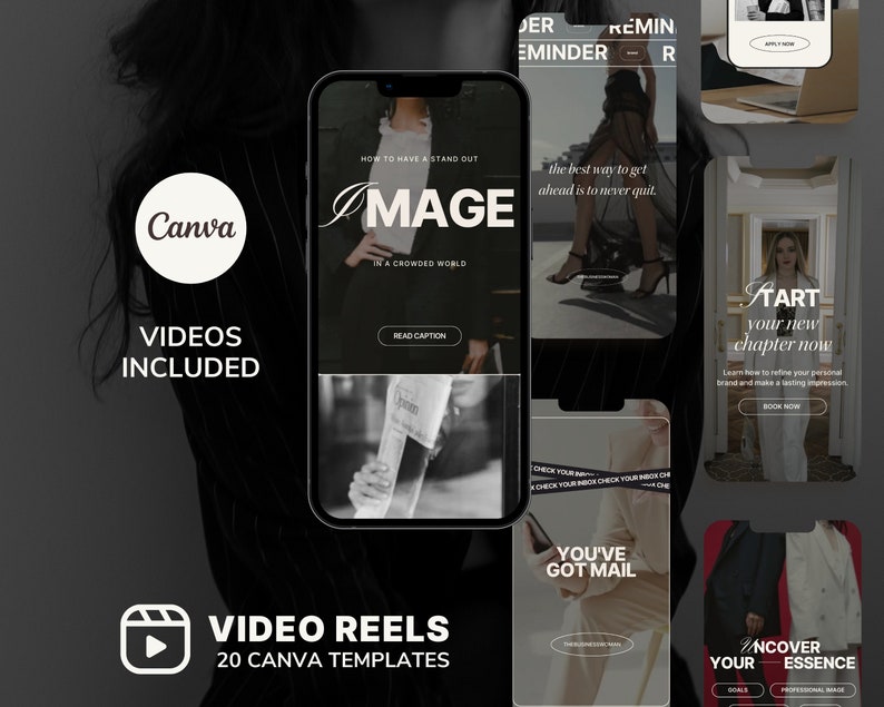 May include: A collection of 20 Canva video reel templates for social media. The templates feature a variety of designs, including a black and white image of a woman holding a newspaper, a woman in a black dress, and a woman in a white dress. The text "How to have a stand out image in a crowded world" is featured on one of the templates.