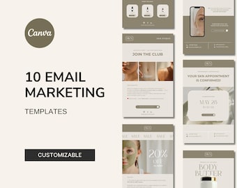 May include: Ten customizable email marketing templates for a skin care business. The templates feature a variety of designs, including a join the club email, a sale announcement, and a confirmation email. The templates are designed to be used with Canva.