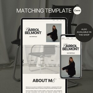 May include: A website template for a portfolio showcasing a person's work. The template features a black and white color scheme with a simple design. The text on the website reads "Carrol Belmont" and "UOC Portfolio".