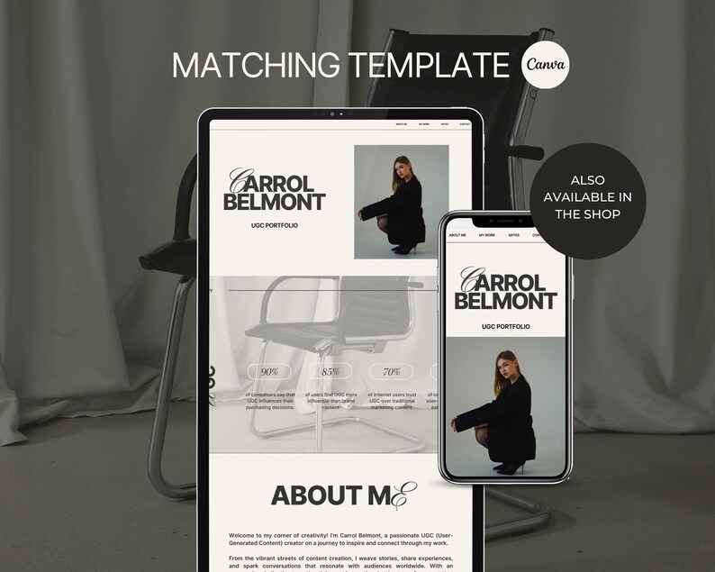 May include: A website template for a portfolio showcasing a person's work. The template features a black and white color scheme with a simple design. The text on the website reads "Carrol Belmont" and "UOC Portfolio".