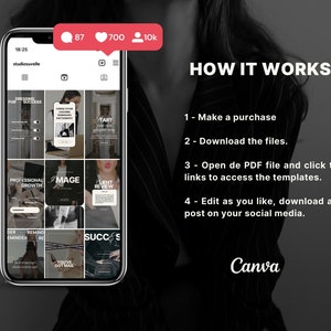 May include: A smartphone screen displaying a grid of nine social media post templates with text overlays. The text includes "Dressing for Success", "Professional Growth", "Image", "Client Review", "Der Reminder", "You've Got Mail", "Start", and "Success". The screen also shows the text "How It Works" and a list of steps: "Make a purchase", "Download the files", "Open de PDF file and click the links to access the templates", and "Edit as you like, download and post on your social media". The screen also shows the text "Canva".