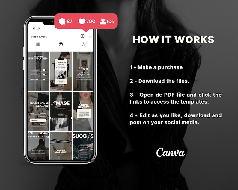 May include: A smartphone screen displaying a grid of nine social media post templates with text overlays. The text includes "Dressing for Success", "Professional Growth", "Image", "Client Review", "Der Reminder", "You've Got Mail", "Start", and "Success". The screen also shows the text "How It Works" and a list of steps: "Make a purchase", "Download the files", "Open de PDF file and click the links to access the templates", and "Edit as you like, download and post on your social media". The screen also shows the text "Canva".