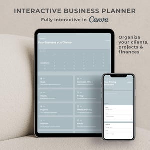 Könnte beinhalten: Ein digitaler Businessplaner, der auf einem Tablet und Smartphone angezeigt wird. Das Tablet zeigt ein Dashboard mit Abschnitten für Ziele, Kunden, Projekte und Finanzen. Das Telefon zeigt eine Preisstruktur. Der Text enthält "Interaktiver Businessplaner" und "Organisieren Sie Ihre Kunden".