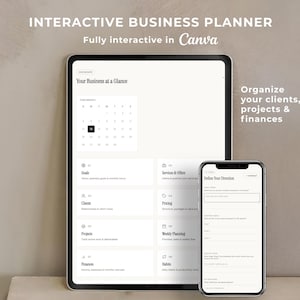 May include: A digital business planner displayed on a tablet and smartphone. The tablet shows a calendar and sections for goals, clients, projects, and finances. The phone displays a section to define direction. Text reads "Interactive Business Planner" and "Organise your clients, projects & finances."