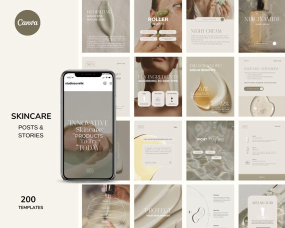 Skincare Instagram Templates: Social Media Posts, Canva Editable (Digital Download )