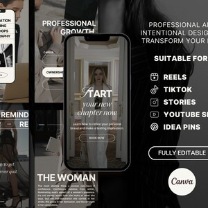 May include: A black and white image of a woman standing in a doorway. The text "Start your new chapter now" is in a white box with a black outline. The text "Learn how to refine your personal brand and make a lasting impression." is below the box. The text "Book Now" is in a white box with a black outline. The text "Professional and Intentional Design to Transform Your Feed" is in white text on a black background. The text "Suitable For" is in white text on a black background. The text "Reels, TikTok, Stories, YouTube Shorts, Idea Pins" is in white text on a black background. The text "Fully Editable" is in white text on a black background. The text "Canva" is in white text on a black background.