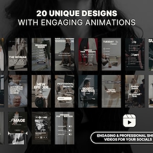 May include: A collection of 20 unique social media video designs with engaging animations. The designs feature a variety of topics, including branding, success, and personal growth. The text "20 UNIQUE DESIGNS WITH ENGAGING ANIMATIONS" is displayed at the top of the image. The text "ENGAGING & PROFESSIONAL SHORT VIDEOS FOR YOUR SOCIALS" is displayed at the bottom of the image.