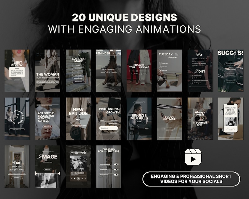 May include: A collection of 20 unique social media video designs with engaging animations. The designs feature a variety of topics, including branding, success, and personal growth. The text "20 UNIQUE DESIGNS WITH ENGAGING ANIMATIONS" is displayed at the top of the image. The text "ENGAGING & PROFESSIONAL SHORT VIDEOS FOR YOUR SOCIALS" is displayed at the bottom of the image.