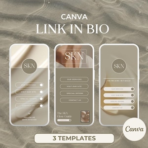 May include: Three phone screen mockups with a beige background. Each mockup features a light brown background with a white circle containing the text "SKN". The text "CANVA" and "LINK IN BIO" are at the top of the image. The text "3 TEMPLATES" is at the bottom of the image.