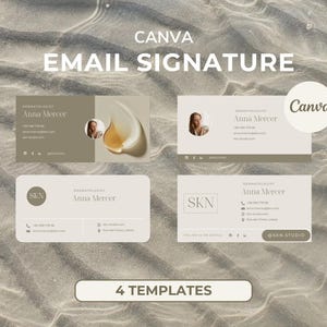 May include: Four Canva email signature templates for a dermatologist. Each template features a minimalist design with a light brown background and a gold accent. The text includes the name "Anna Mercer", the title "Dermatologist", and the logo "SKN".