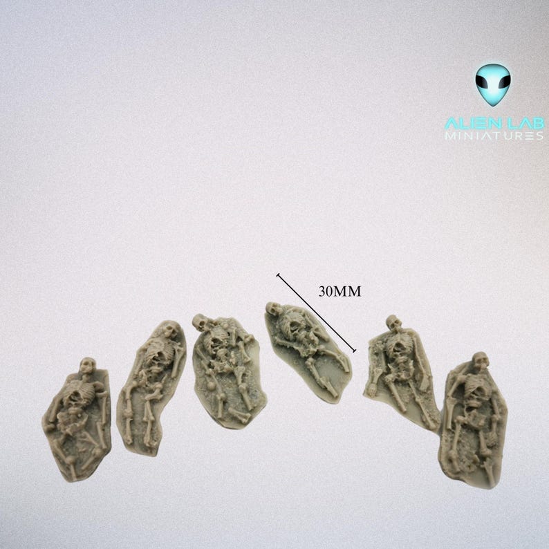 May include: Seven detailed skeletal figures, each approximately 30mm in size, lying on a white surface.  These miniature figures are ideal for tabletop gaming or model building.