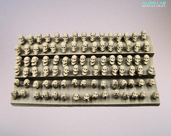 Könnte beinhalten: Eine Platte mit 100 Miniaturschädeln, die in Reihen auf einem grauen Hintergrund angeordnet sind. Die Schädel sind aus hellem grauen Material gefertigt und alle nach vorne gerichtet. Der Text "ALIEN LAB MINIATURES" ist in der oberen rechten Ecke des Bildes gedruckt.