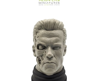 Terminator Head Sculpture: Hand-Carved Horror Figurine, Unpainted