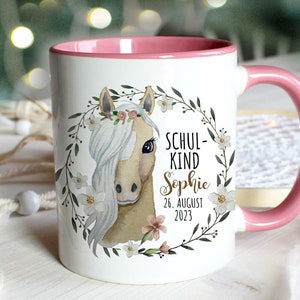 Cup enamel mug for the start of school, horse, mare, flowers, wreath, saying, schoolchild, desired name, date, gift Bundle82 ts2130 eb695