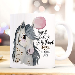 Caneca esmaltada para começar a escola, para começar a escola, molde de cavalo dizendo Viva, finalmente, nome desejado da criança, data Bundle77 ts2125 eb690