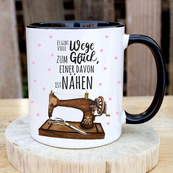 Tasse Becher Kaffeetasse Kaffeebecher mit Nähmaschine Punkte & Spruch viele Wege zum Glück. Einer davon ist nähen ts1069