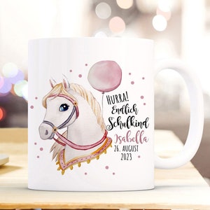 Tasse Emaille Becher zum Schulanfang zur Einschulung Pferd mit Halfter Spruch Hurra endlich Schulkind Wunschname Datum Bundle79 ts2127 eb692