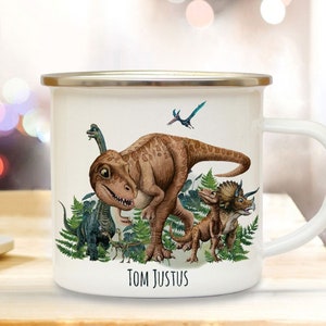 Tasse Emaille Becher Dino Dinos Dinosaurier T-Rex Triceratops Brontosaurus Name Wunschname Kaffeebecher Geschenk Bundle66 ts2106 & eb683 2. Emailleb. eb683