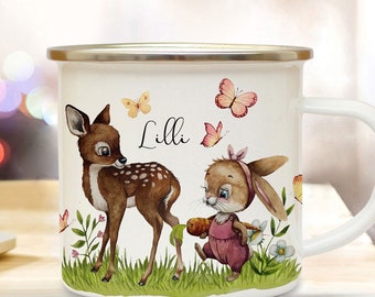 Emaille Becher Camping Tasse Motiv Hase Häschen mit Reh & Wunschname Name Kaffeetasse Geschenk Kinderbecher eb496