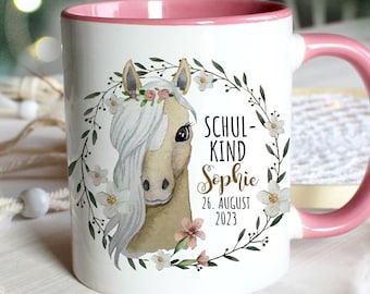 Cup enamel mug for starting school horse mare flowers wreath saying school child desired name date gift bundle82 ts2130 eb695